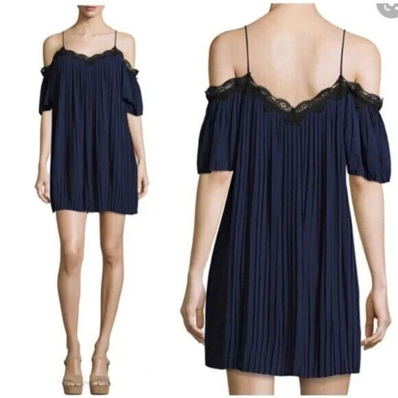 Alice + Olivia Dresses & Skirts - ALICE + OLIVIA Mimi Pleated Cold Shoulder Mini Shift Dress Women Large Navy Lace